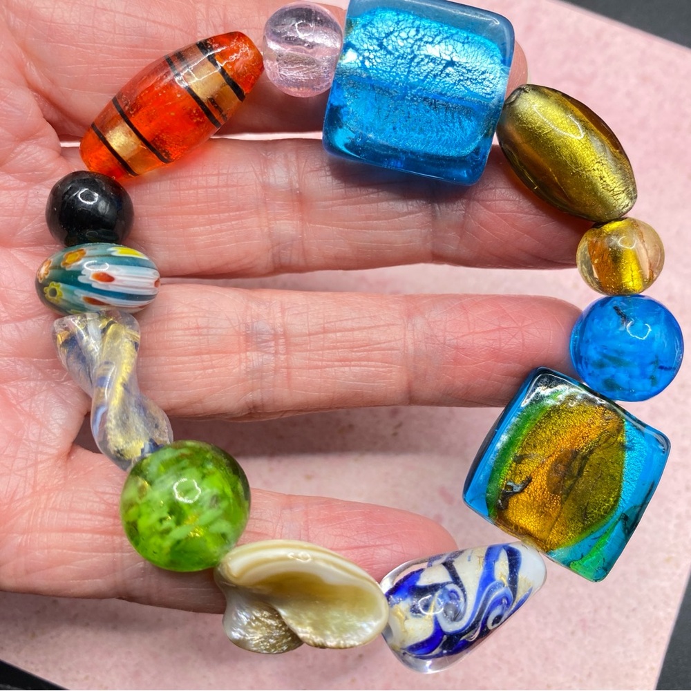 Art Glass Beads Sea Shell Artisan Made Stretchy Bracelet Multicolor